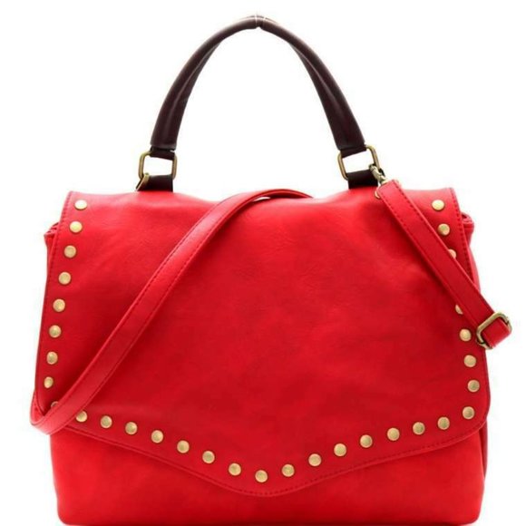 Stylish Brass-tone Studded Distressed Flap Satchel - Picture 2 of 2